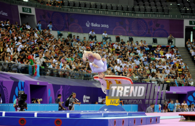 İdman gimnastikası üzrə fərdi çoxnövçülük yarışlarının finalı keçirilir. Bakı, Azərbaycan, 18 iyun 2015